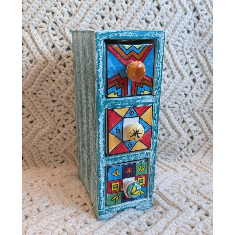 Boho Hand Painted Ceramic 3 Drawer Spice Chest Teal Wood Jewelry Organizer Mini